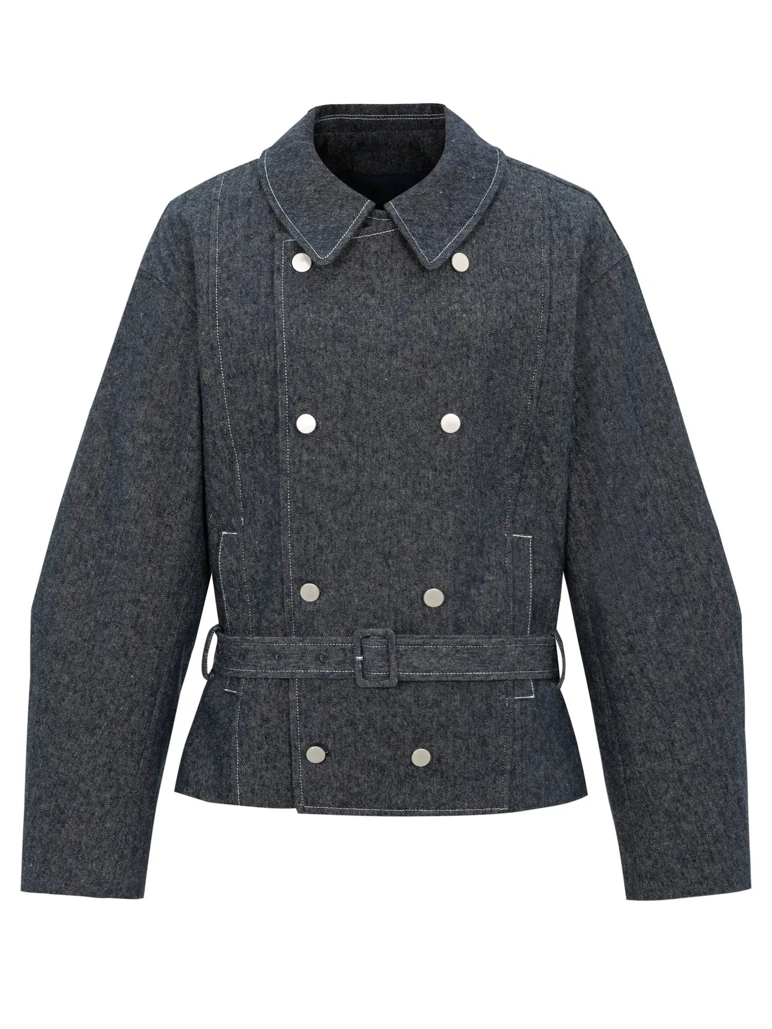 Vintage Washed Linen Denim Double Breasted Cropped Jacket