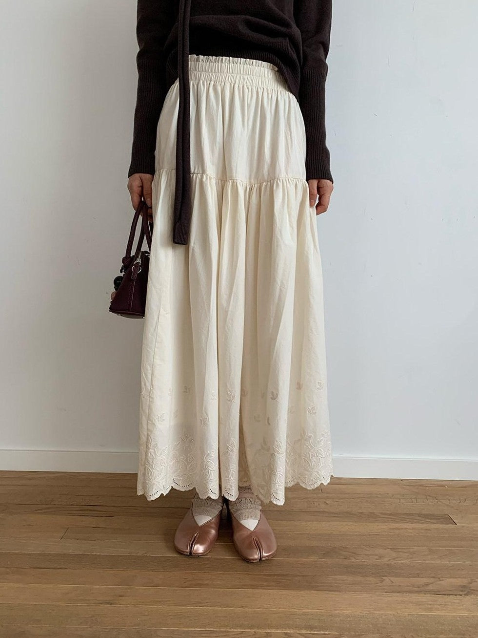 Dorydory Wavy Hem Embroidered Patchwork A Line High Waist Women&