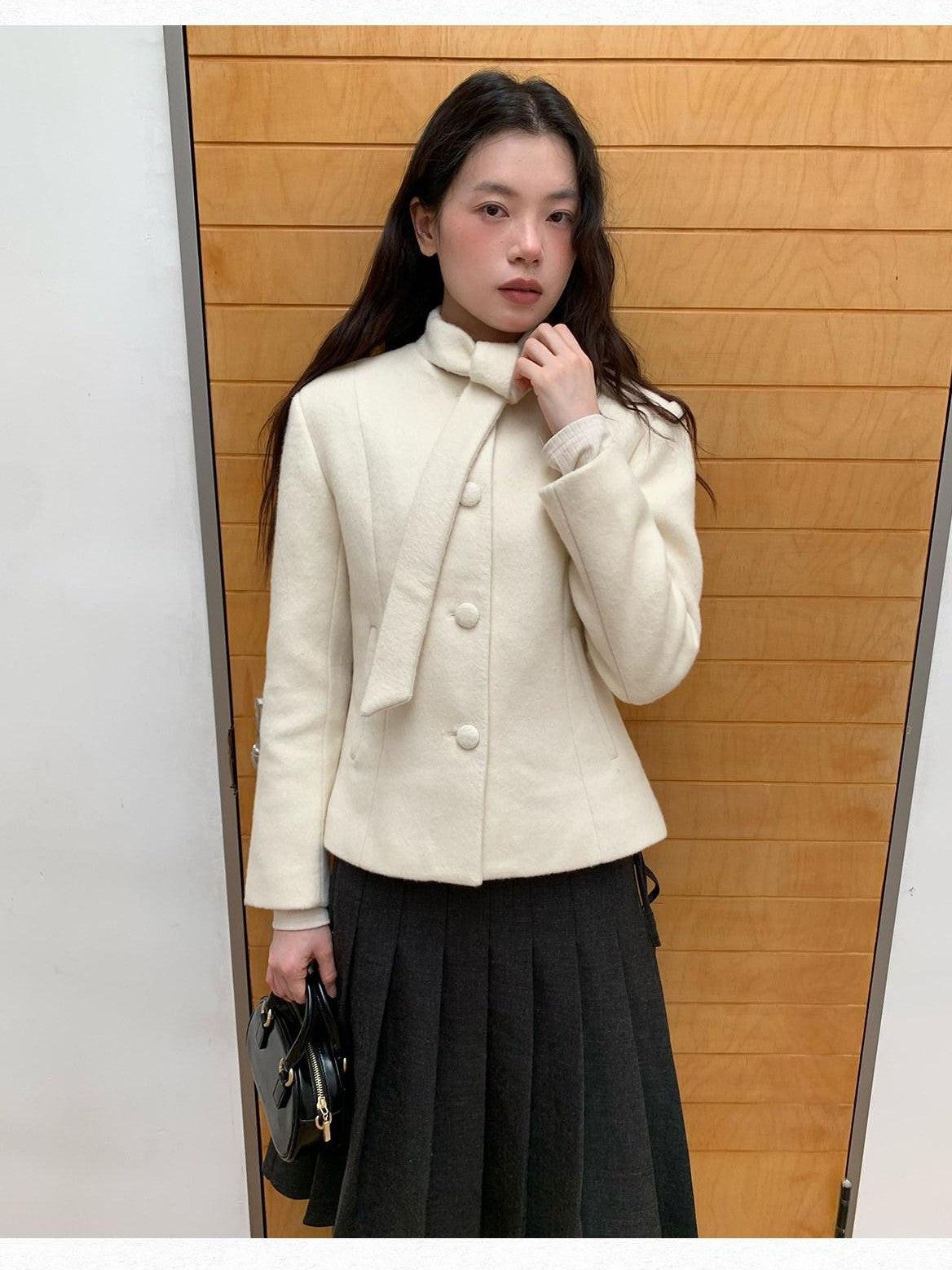 Dorydory White Petite Scarf Tie Collar Notch Lapel Cinched Waist Women&