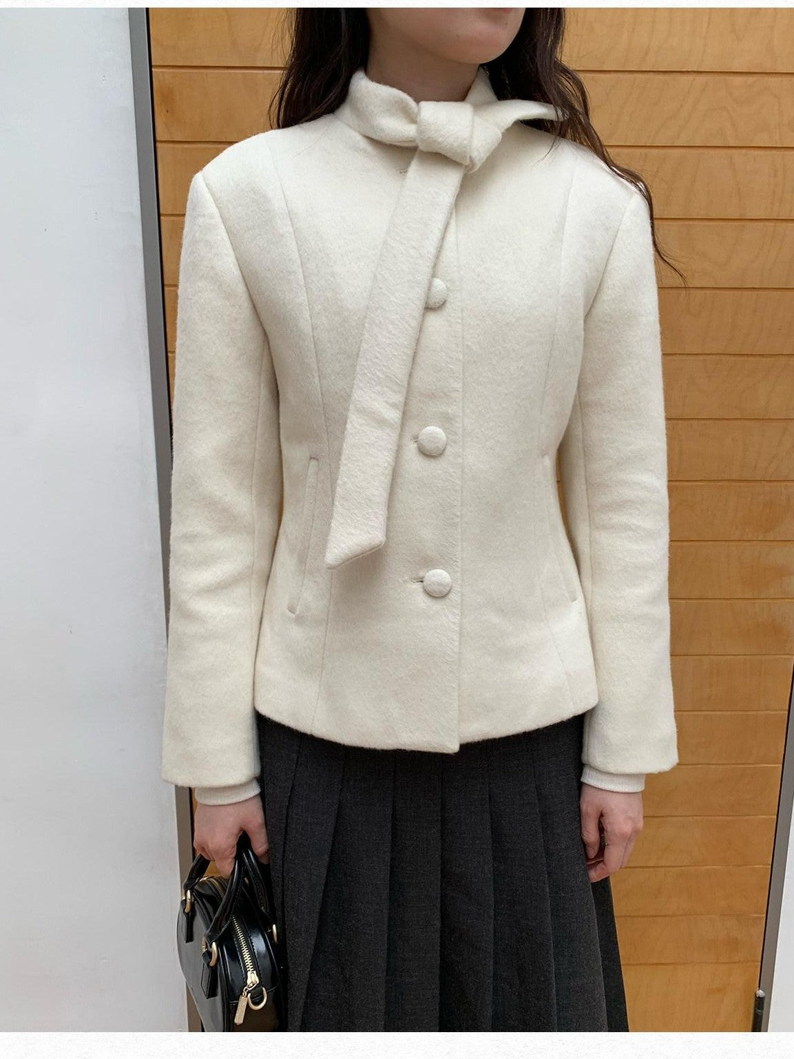 Dorydory White Petite Scarf Tie Collar Notch Lapel Cinched Waist Women&