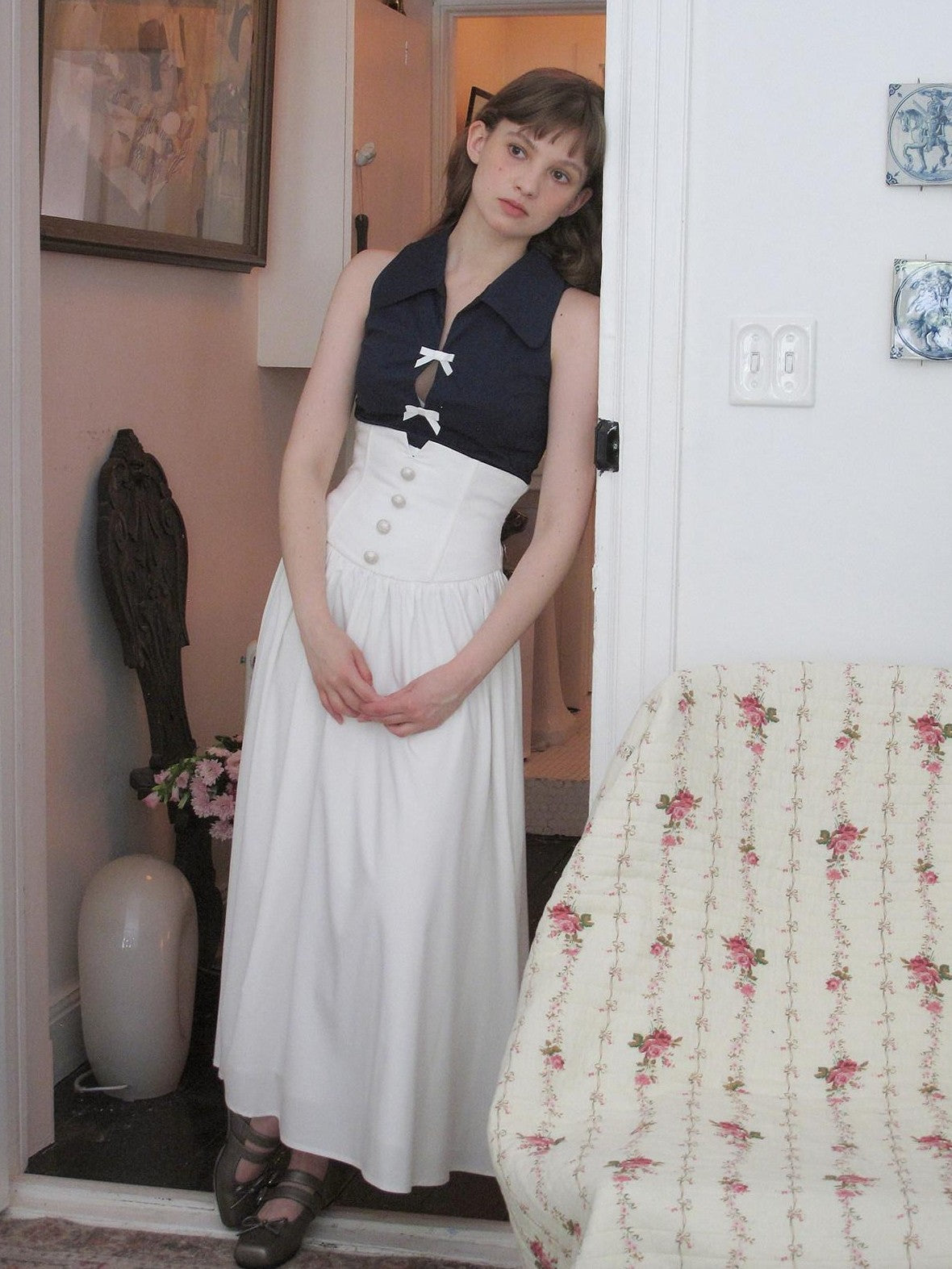 Dorydory White Ruched Pleated High Waist A Line Women&