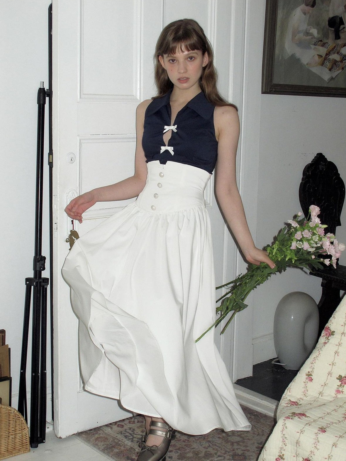 Dorydory White Ruched Pleated High Waist A Line Women&