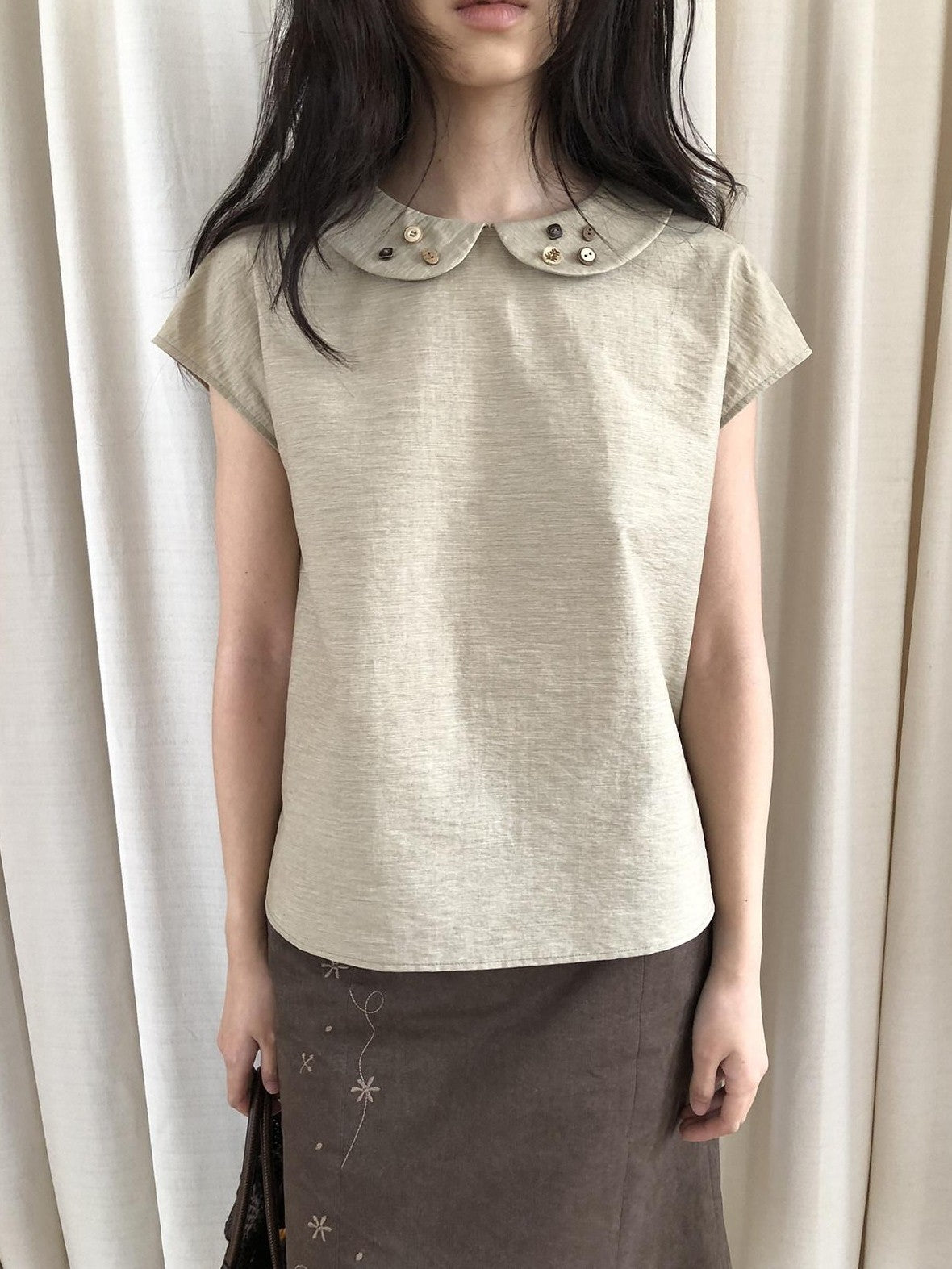 Dorydory Yellow Green Peter Pan Collar Button Raglan Women&