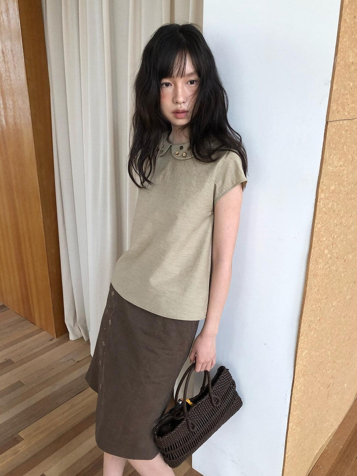 Dorydory Yellow Green Peter Pan Collar Button Raglan Women&