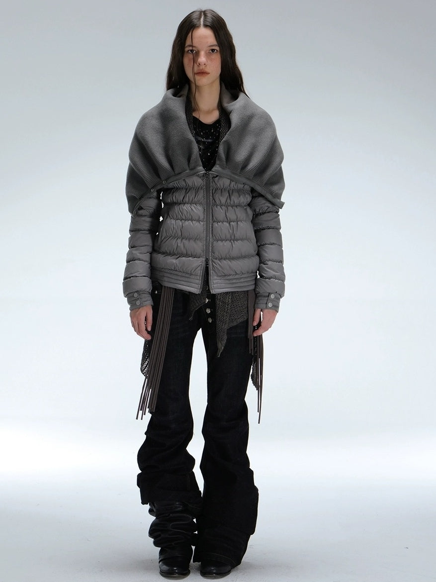 DoublePunch 90 Percent White Duck Down Slim Spliced Vintage Women Nylon Cropped Down Jacket