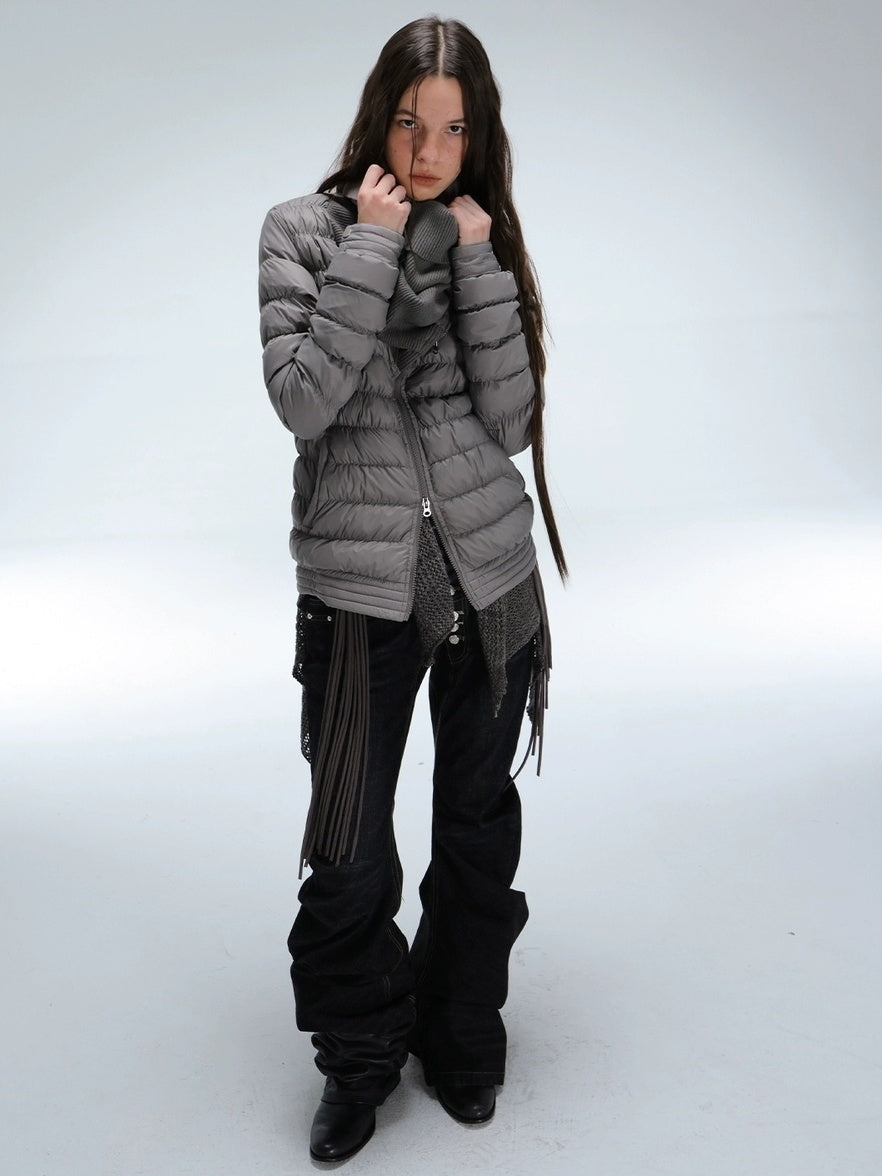 DoublePunch 90 Percent White Duck Down Slim Spliced Vintage Women Nylon Cropped Down Jacket