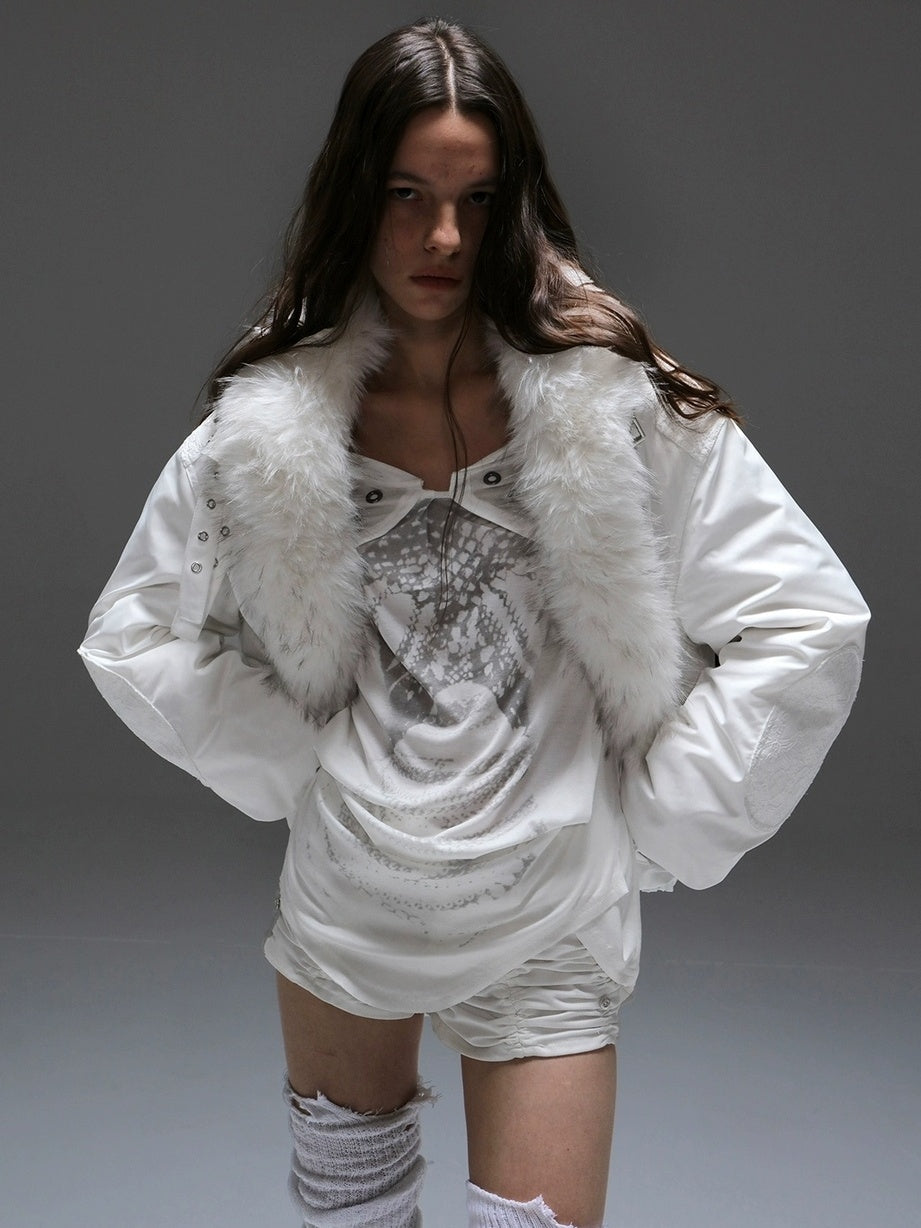 DoublePunch 90 White Duck Down 482Fp Warm Punk Lace Loose Women Insulated Down Jacket