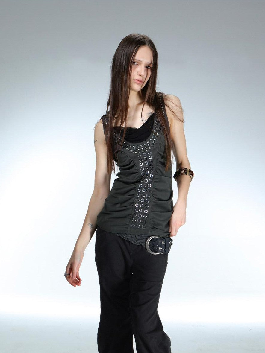 DoublePunch Armor Inspired Studded Ruched Hooded Racerback Slim Women&