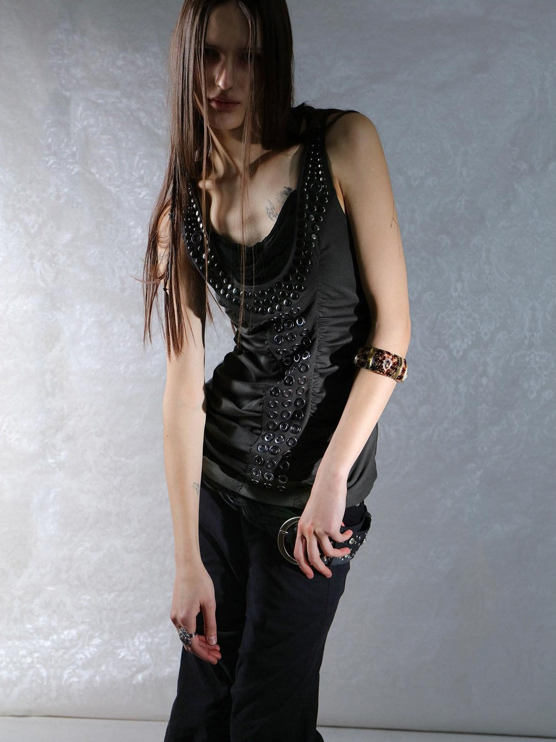 DoublePunch Armor Inspired Studded Ruched Hooded Racerback Slim Women&