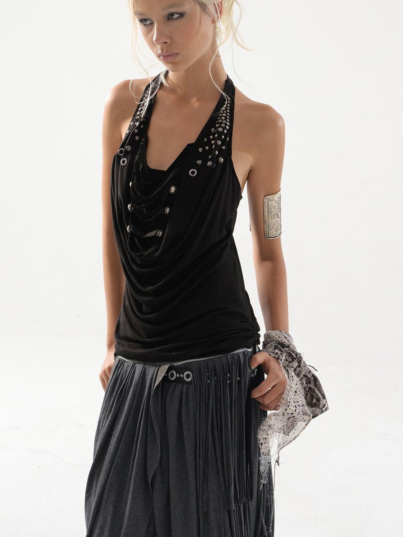 DoublePunch Backless Halter Tassel Ruched Deconstructed Women&