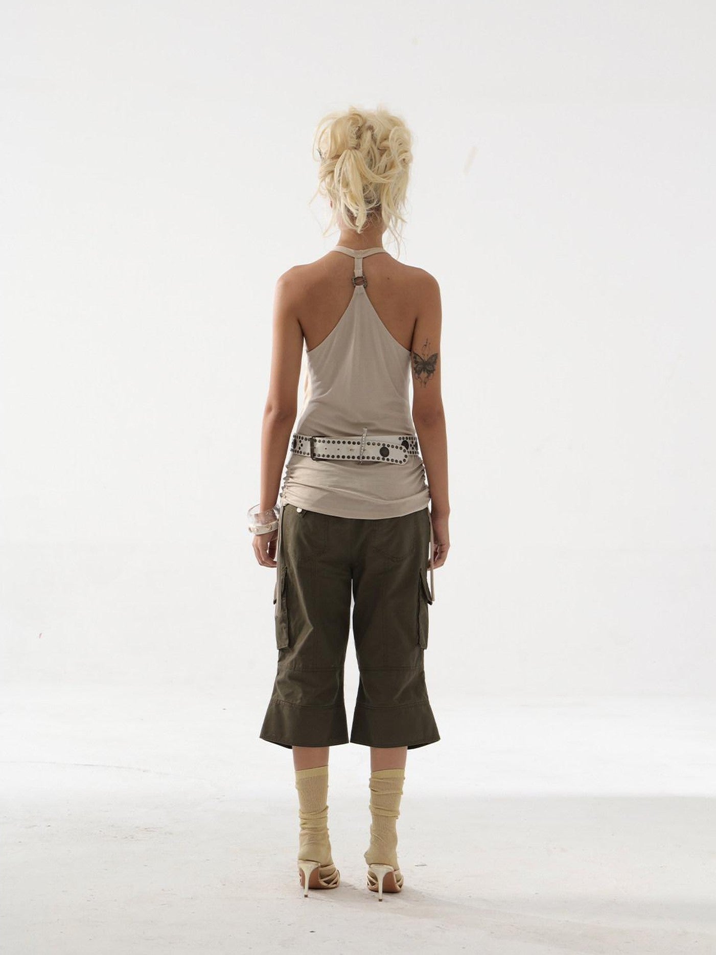 DoublePunch Backless Halter Tassel Ruched Deconstructed Women&