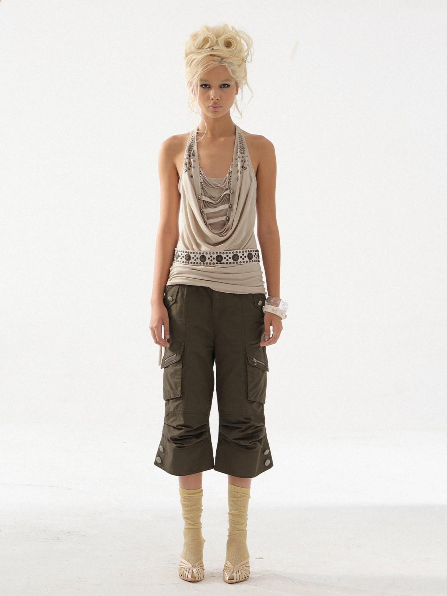DoublePunch Backless Halter Tassel Ruched Deconstructed Women&