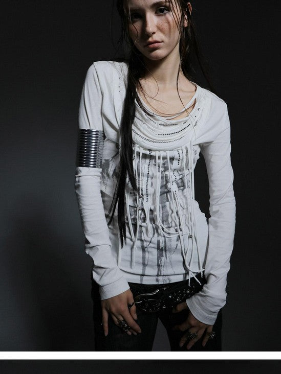 DoublePunch Boho Feather Print Layered Tassel Drape Neck Women&