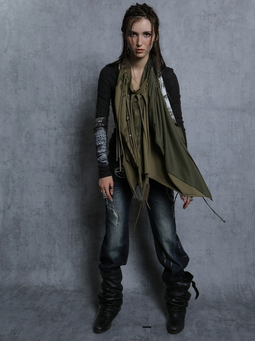 DoublePunch Breathable Cotton Punk Fringe Patchwork Asymmetric Women Citywalk T-Shirt