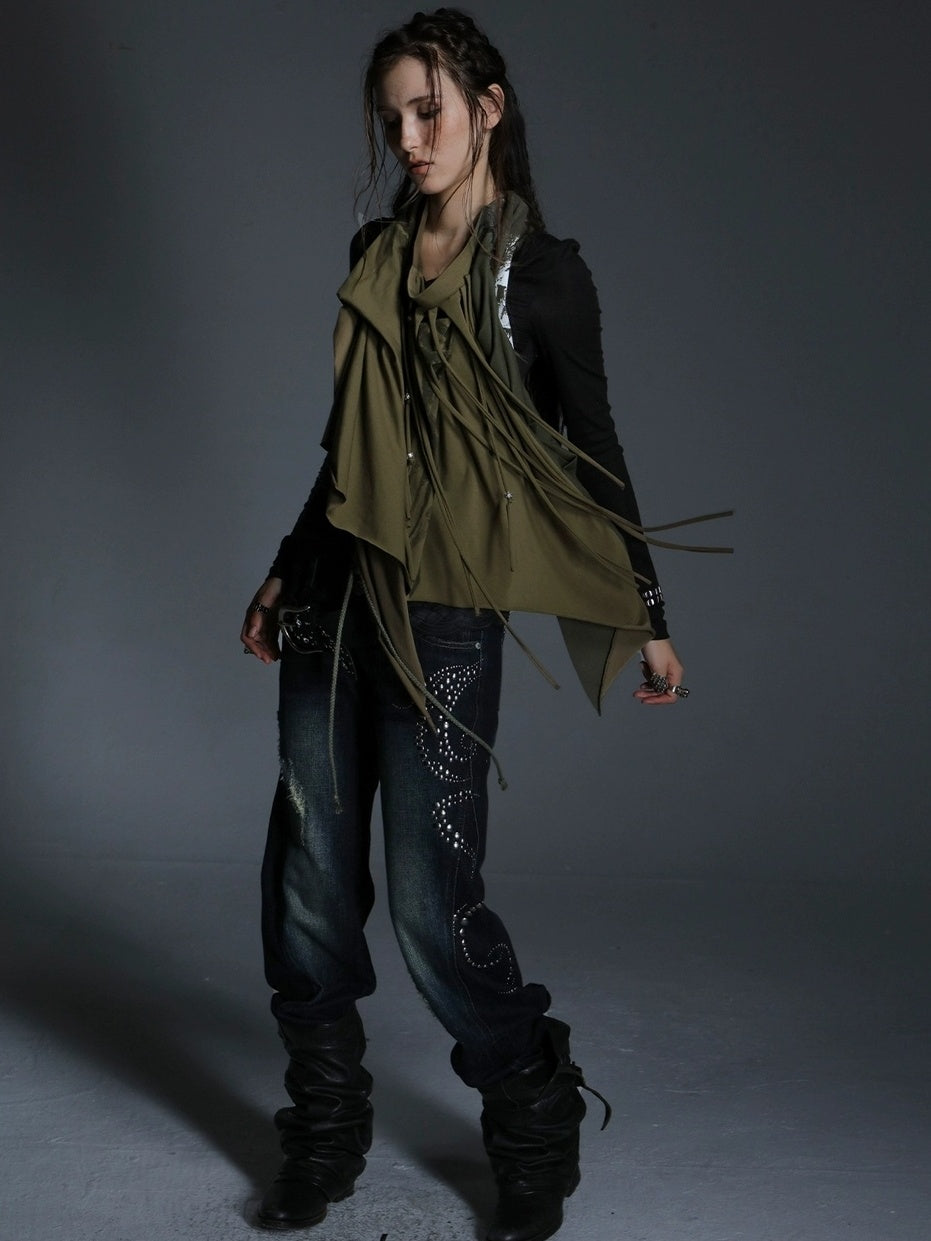 DoublePunch Breathable Cotton Punk Fringe Patchwork Asymmetric Women Citywalk T-Shirt