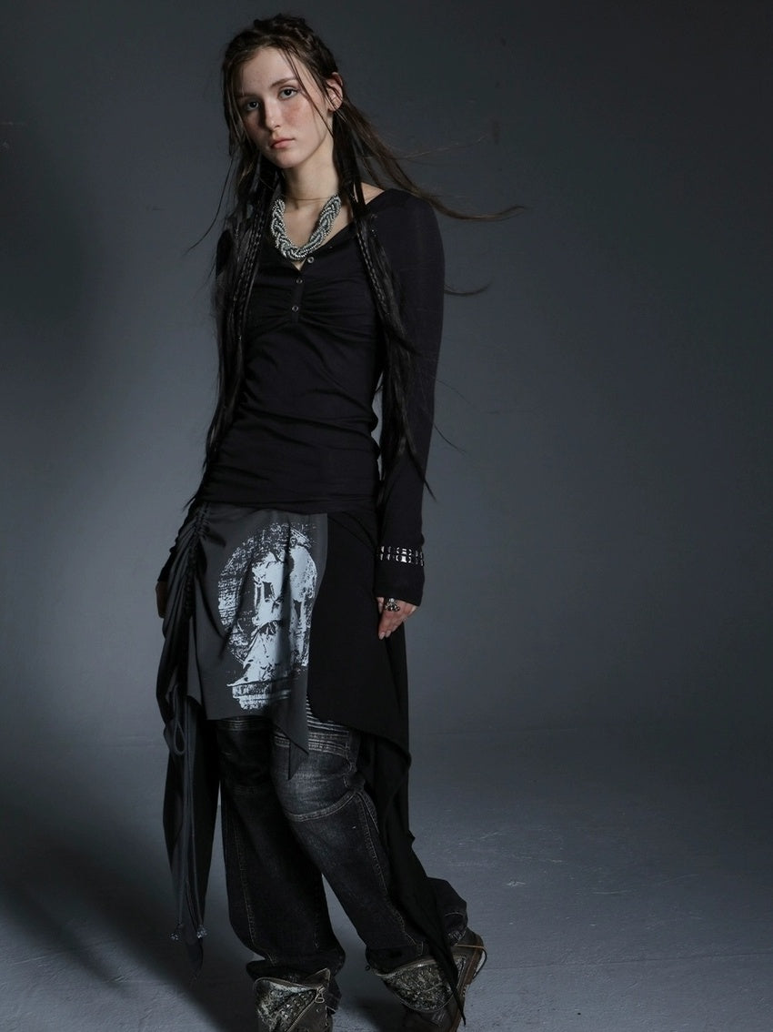 DoublePunch Breathable Cotton Punk Fringe Patchwork Asymmetric Women Citywalk T-Shirt