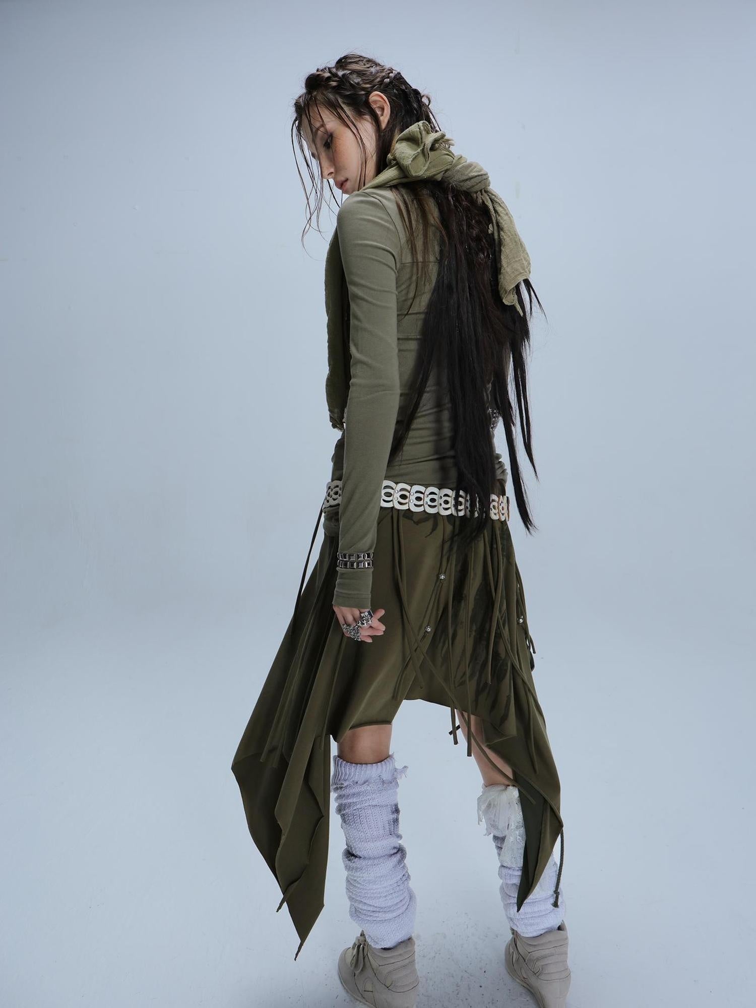 DoublePunch Breathable Cotton Punk Fringe Patchwork Asymmetric Women Citywalk T-Shirt