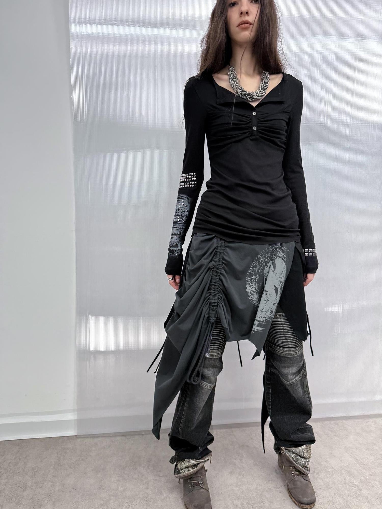 DoublePunch Breathable Cotton Punk Fringe Patchwork Asymmetric Women Citywalk T-Shirt