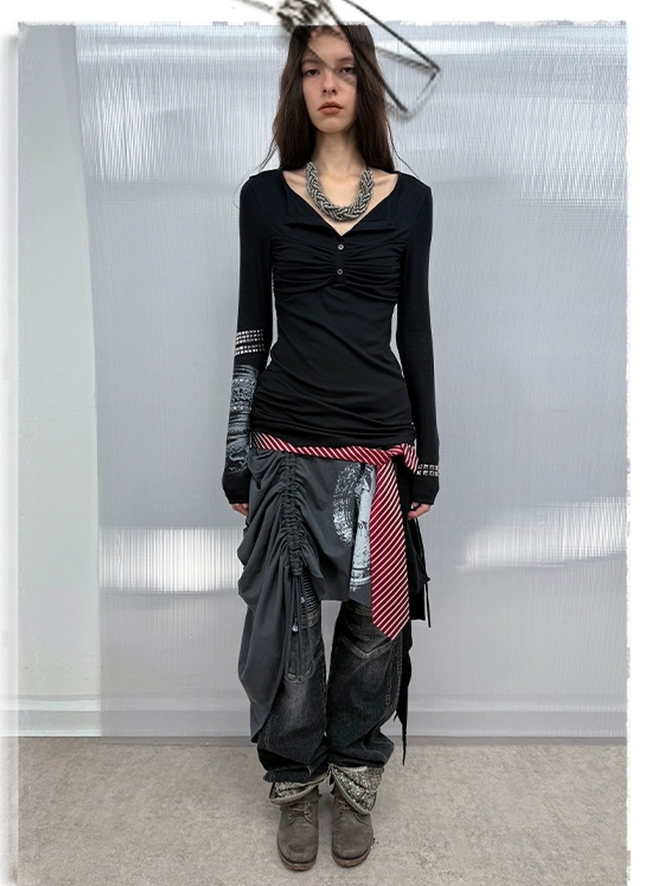 DoublePunch Breathable Cotton Punk Fringe Patchwork Asymmetric Women Citywalk T-Shirt