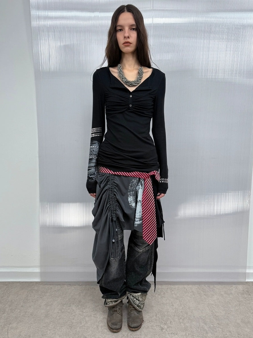 DoublePunch Breathable Cotton Punk Fringe Patchwork Asymmetric Women Citywalk T-Shirt