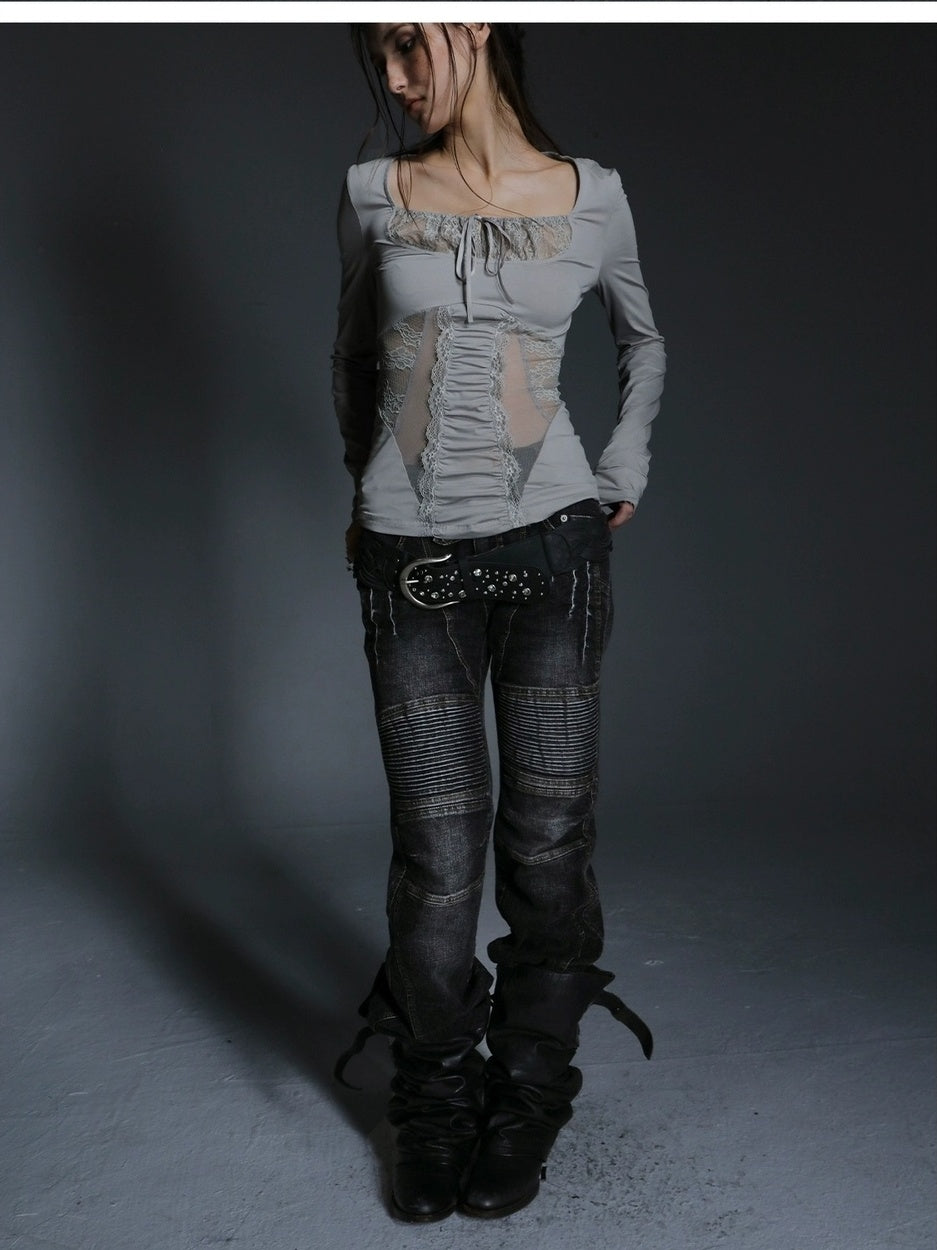 DoublePunch Breathable Cotton Spandex Slim Fit Girlish Square Neck Patchwork Women T-Shirt