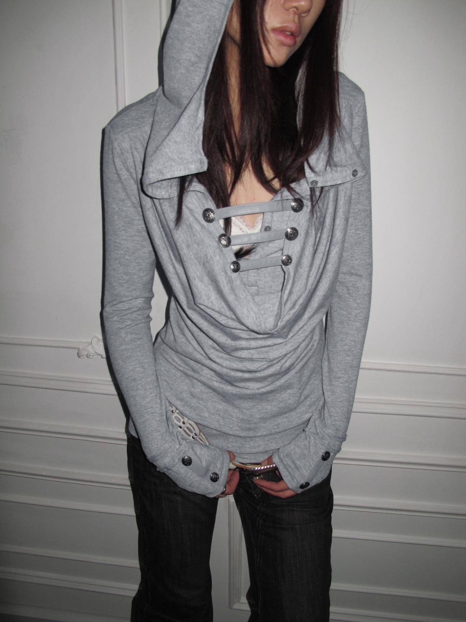 DoublePunch Breathable Knit Hooded Long Sleeve Regular Fit Solid Grey Women T-Shirt