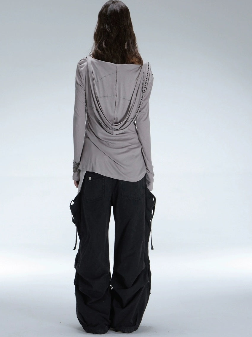 DoublePunch Breathable Lyocell Cinch Waist Vintage Hooded Long Sleeve Studded Print T-Shirt