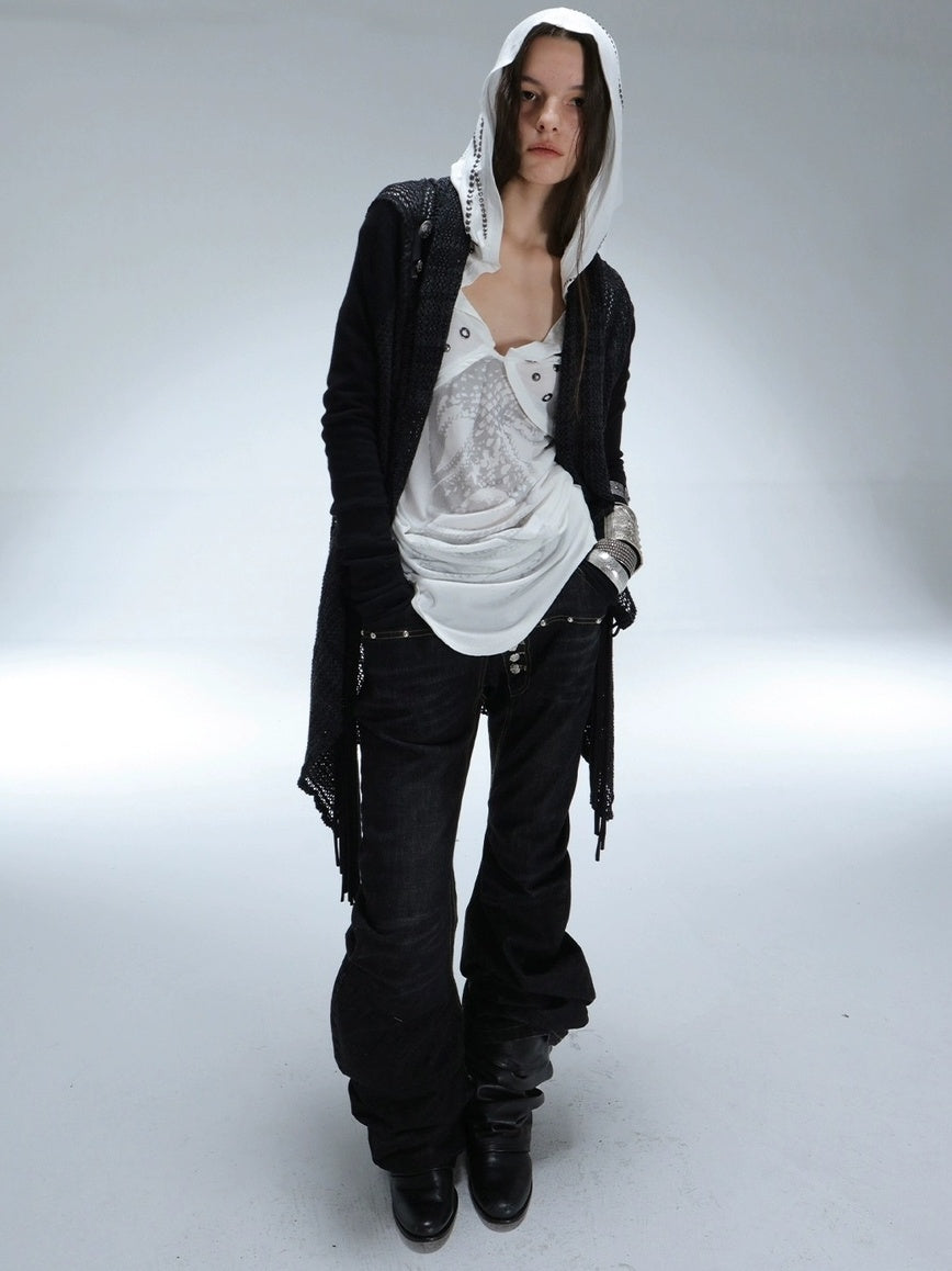 DoublePunch Breathable Lyocell Cinch Waist Vintage Hooded Long Sleeve Studded Print T-Shirt