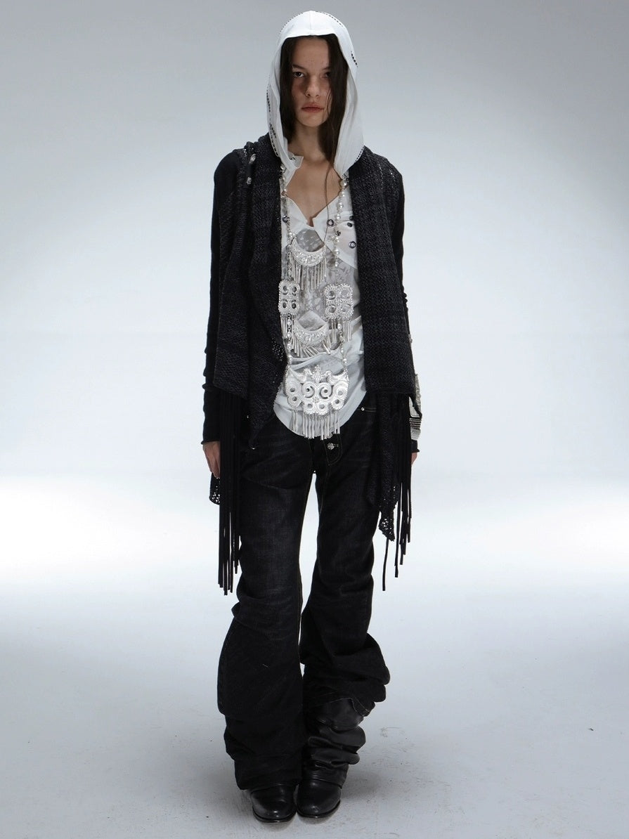 DoublePunch Breathable Lyocell Cinch Waist Vintage Hooded Long Sleeve Studded Print T-Shirt