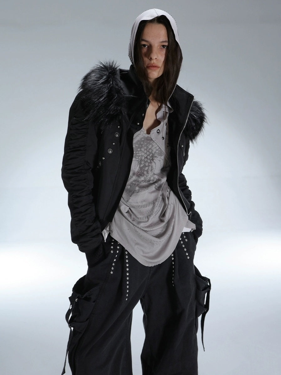 DoublePunch Breathable Lyocell Cinch Waist Vintage Hooded Long Sleeve Studded Print T-Shirt