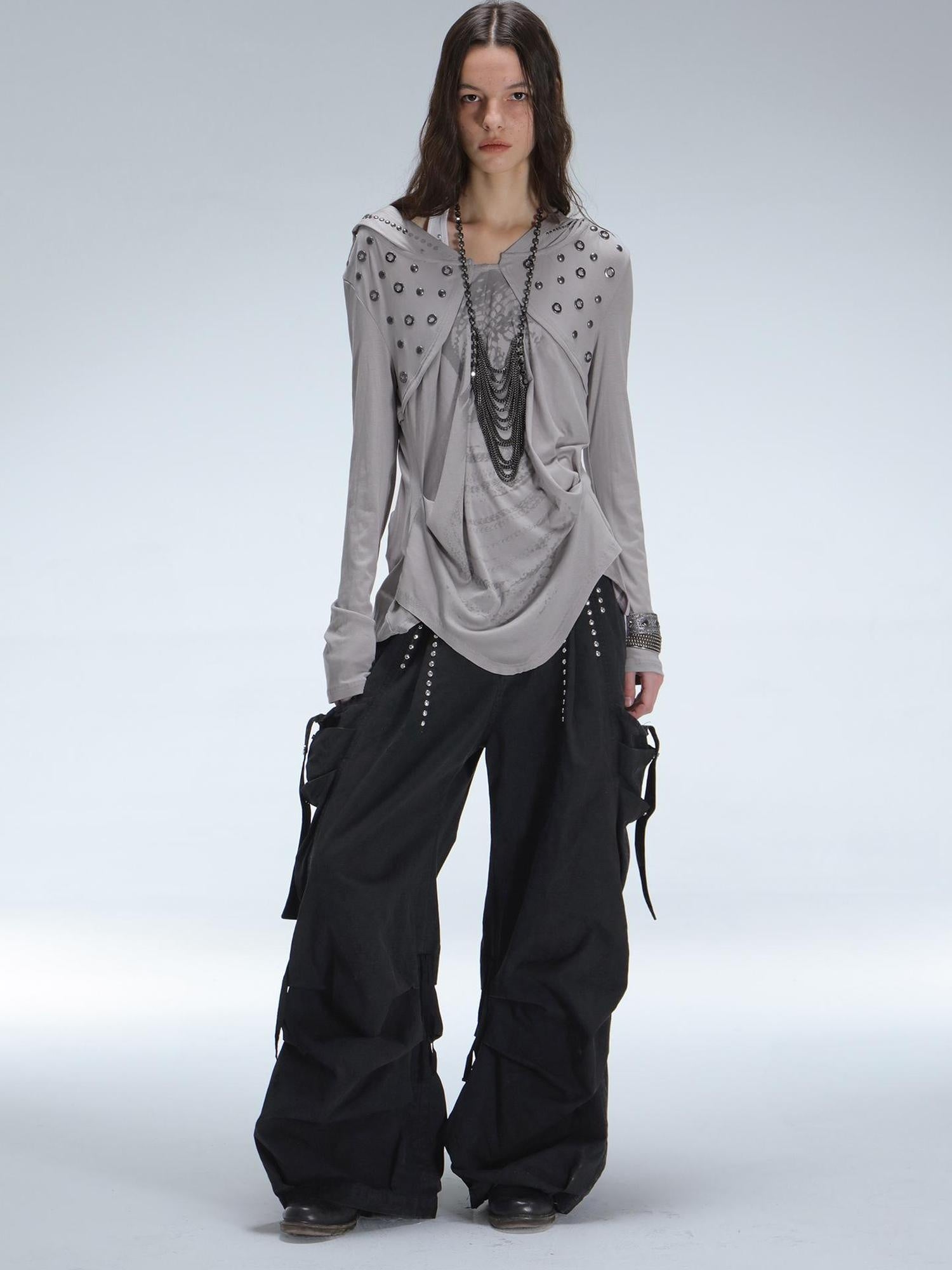 DoublePunch Breathable Lyocell Cinch Waist Vintage Hooded Long Sleeve Studded Print T-Shirt