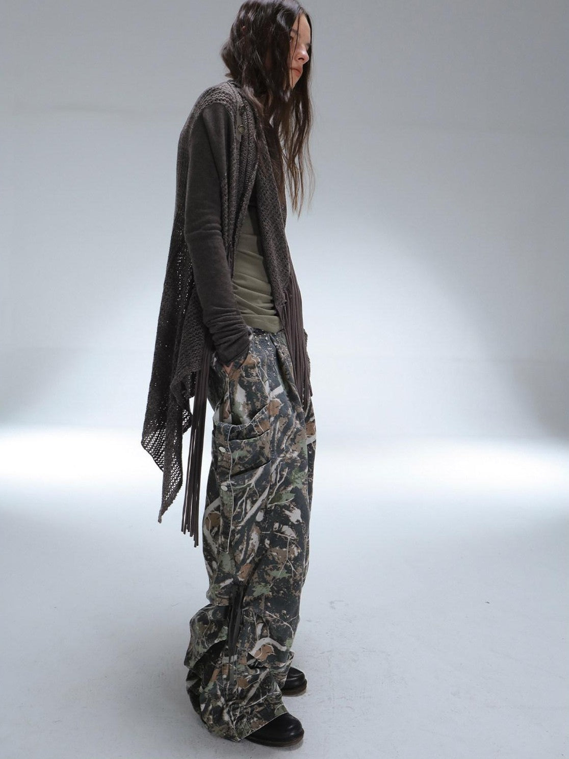 DoublePunch Camouflage 3D Pocket Button Decor Utility Low Waist Women&