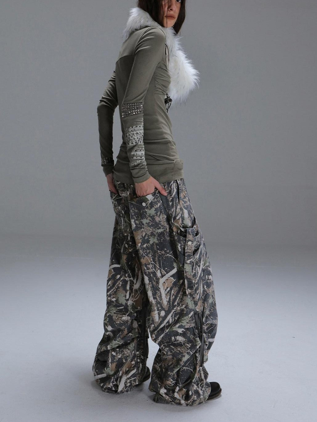 DoublePunch Camouflage 3D Pocket Button Decor Utility Low Waist Women&