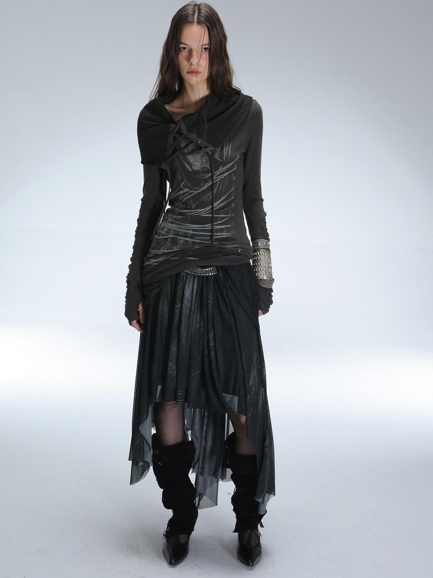 DoublePunch Castle Digital Print Draped Mesh Asymmetric Women&