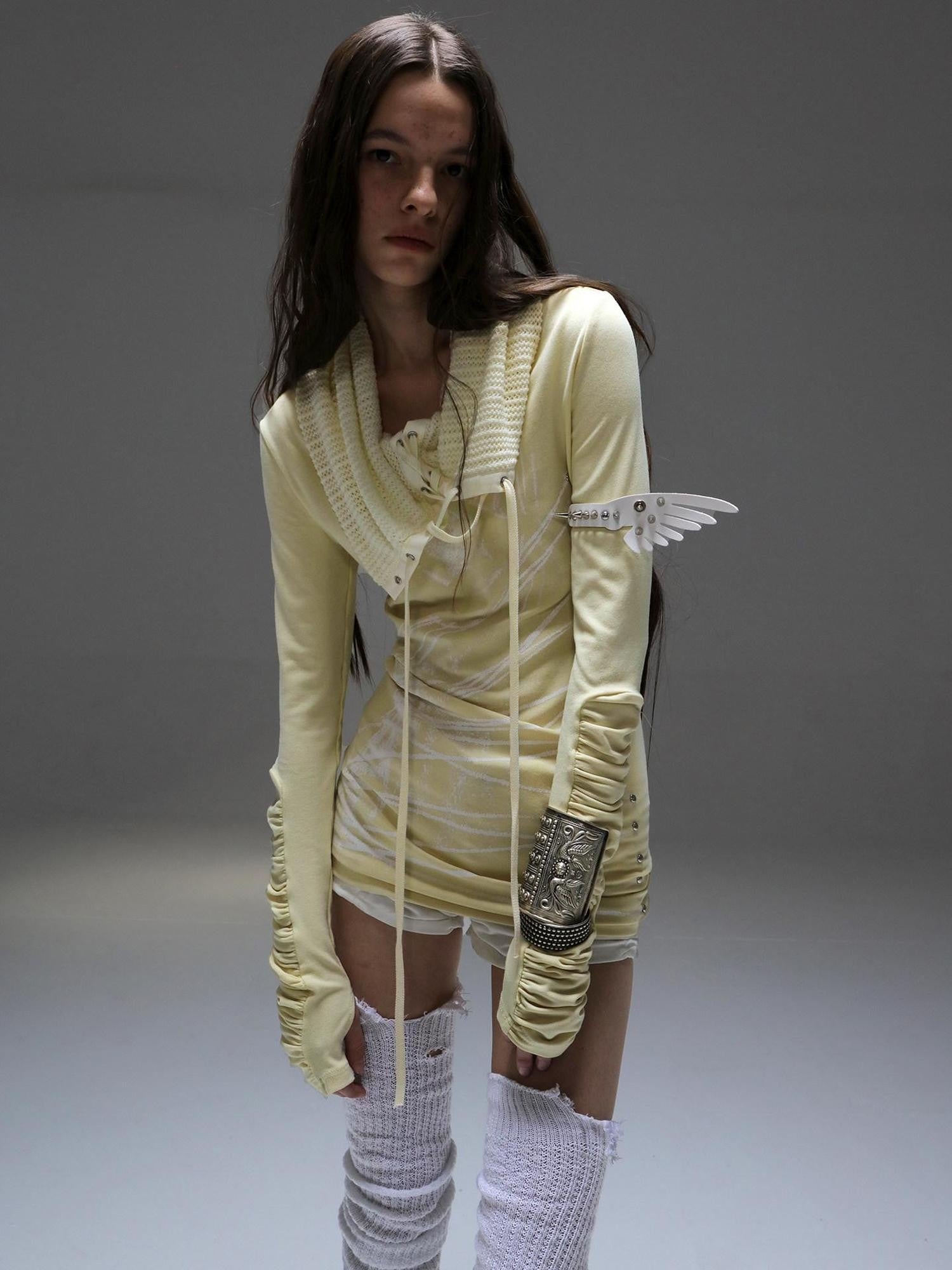 DoublePunch Cream Yellow Printed Tie Mock Neck Women&