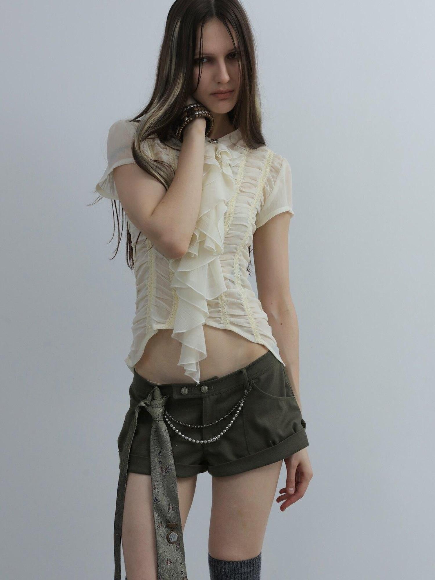 DoublePunch Cropped Gathered Ruffle Victorian Women&