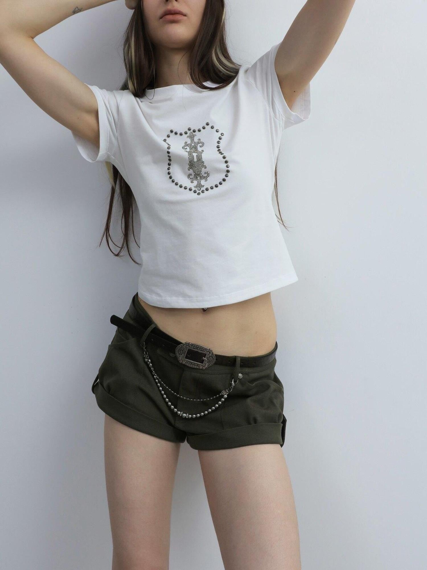 DoublePunch Cuffed Chain Buttoned Vintage Low Rise Women&