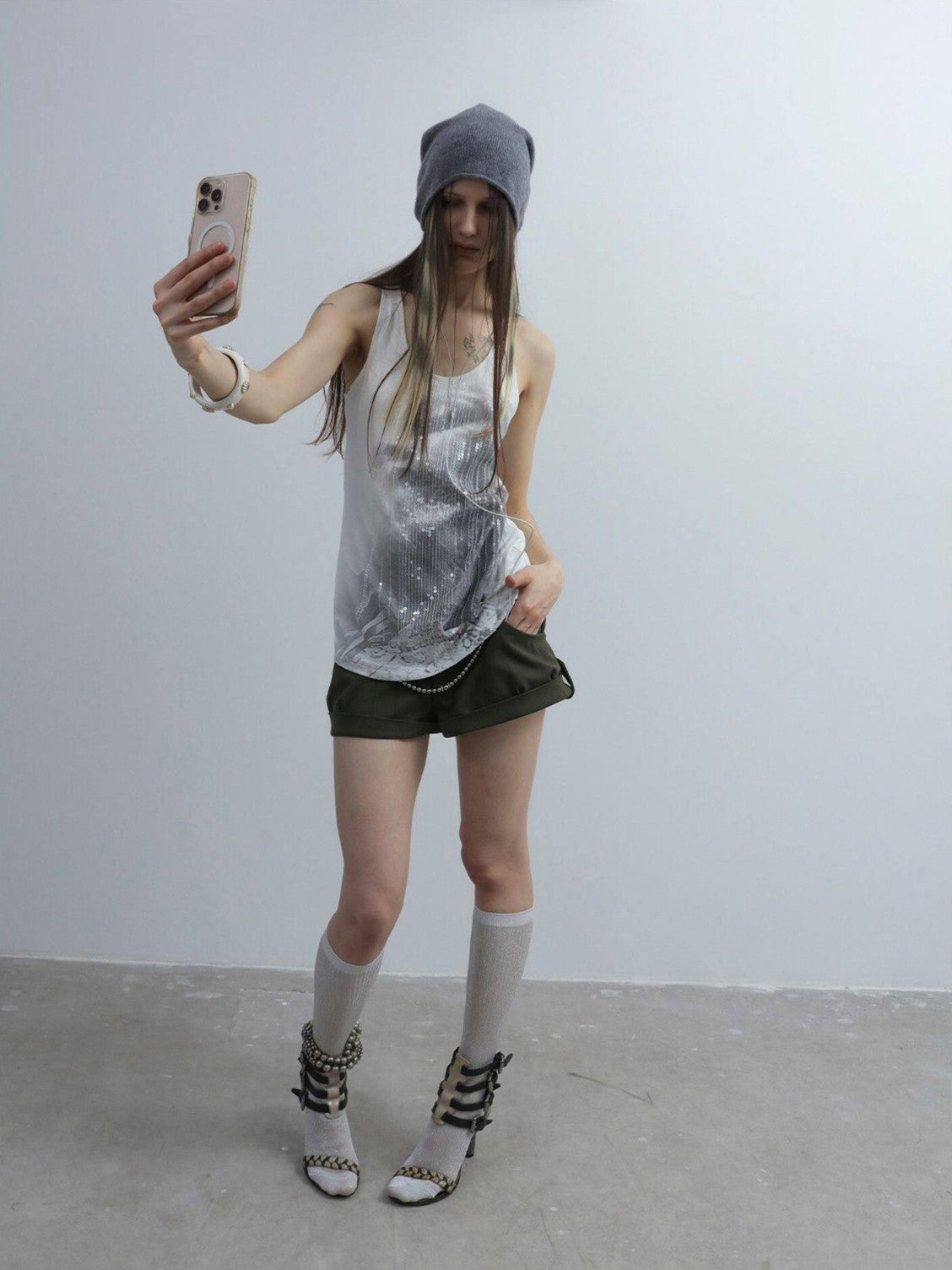DoublePunch Cuffed Chain Buttoned Vintage Low Rise Women&