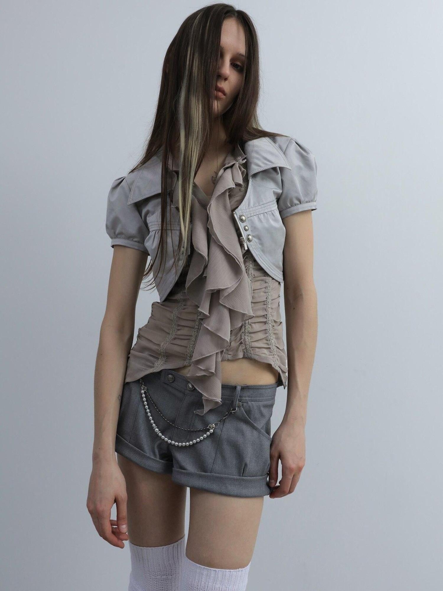DoublePunch Cuffed Chain Buttoned Vintage Low Rise Women&