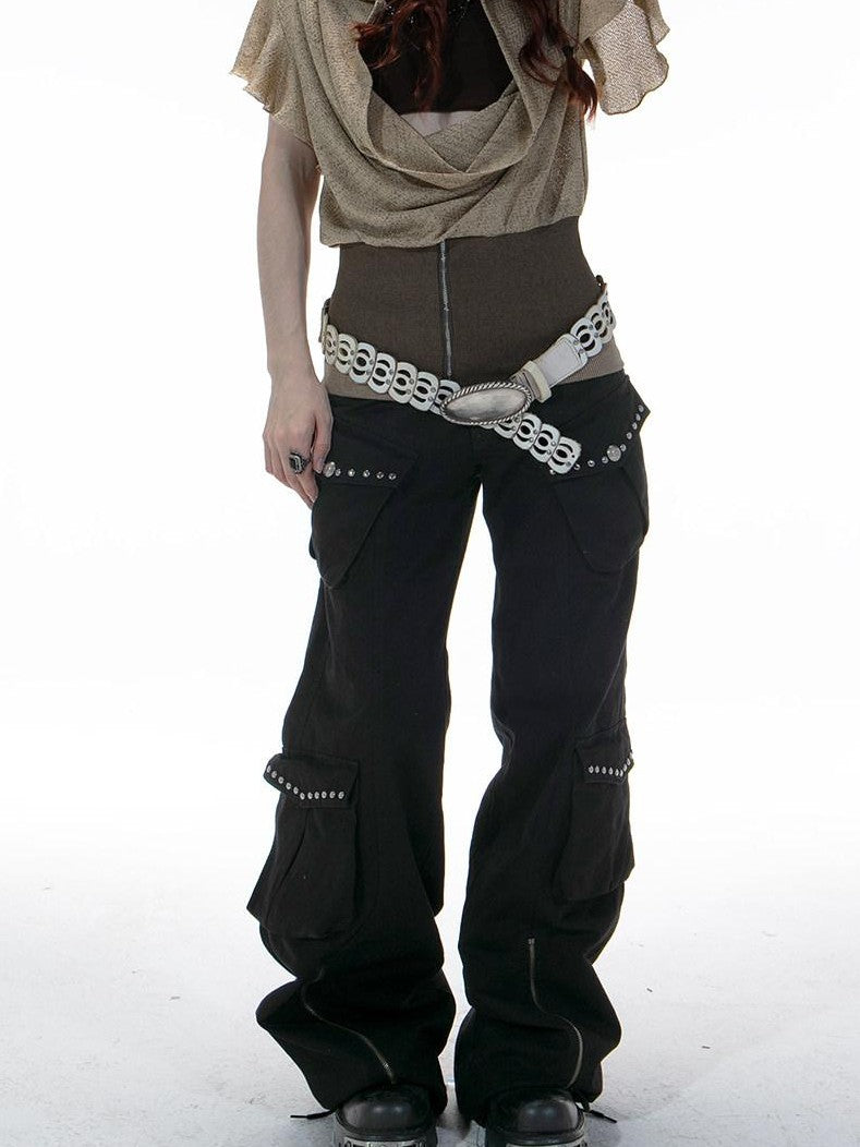 DoublePunch Distressed Washed Western Wide Leg Pockets Women&