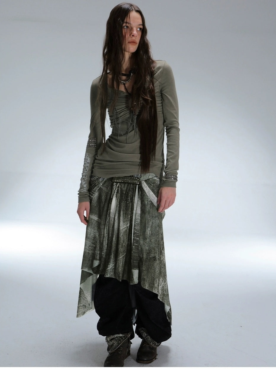 DoublePunch Durable Stretch Digital Print Punk Asymmetric Mid Waist Women Midi Skirt