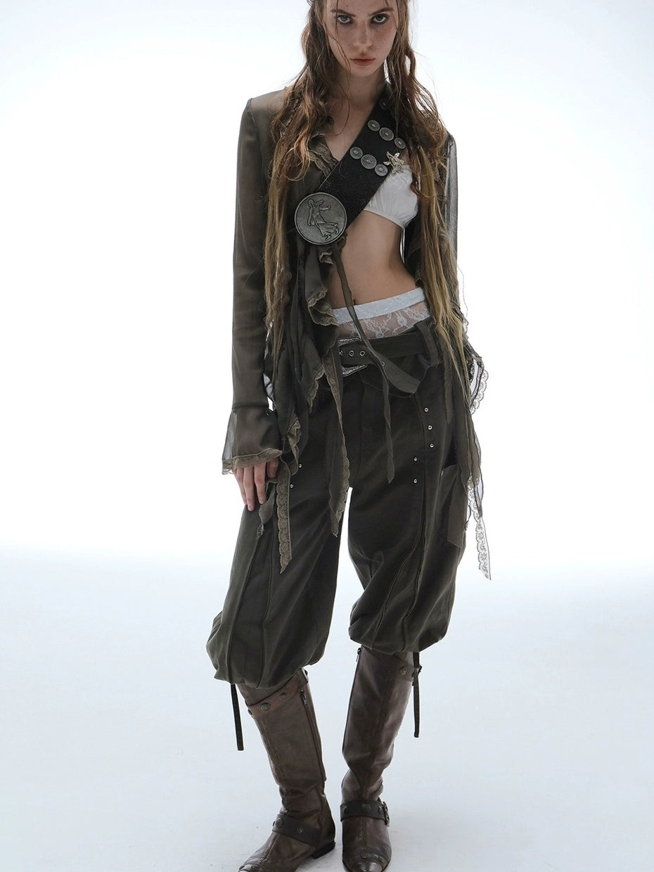 DoublePunch Durable Washed Cotton Low Waist Punk Cargo Wide Fit Women Button Detail Pants