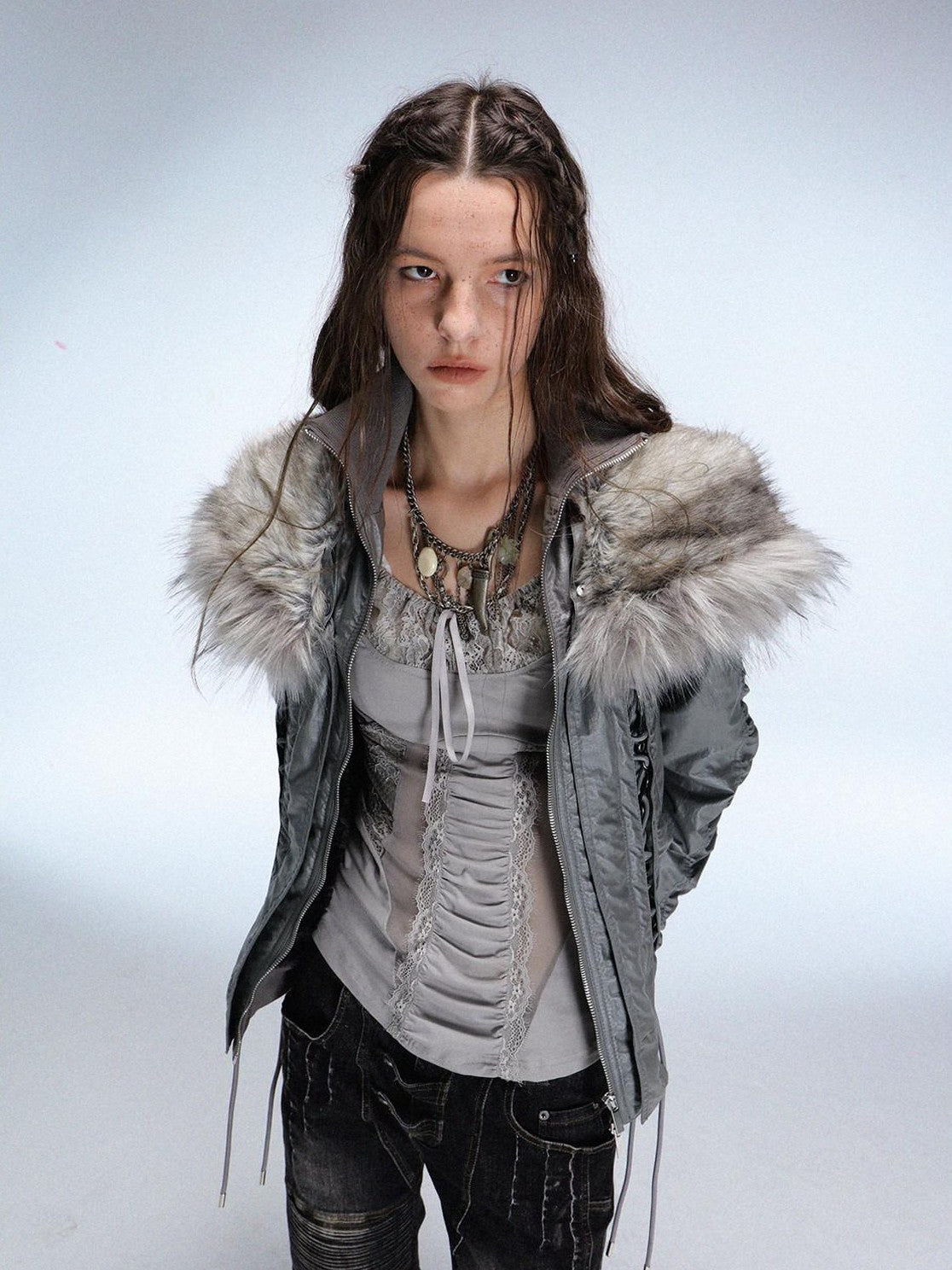 DoublePunch Faux Fur Collar Tie Hooded Women&