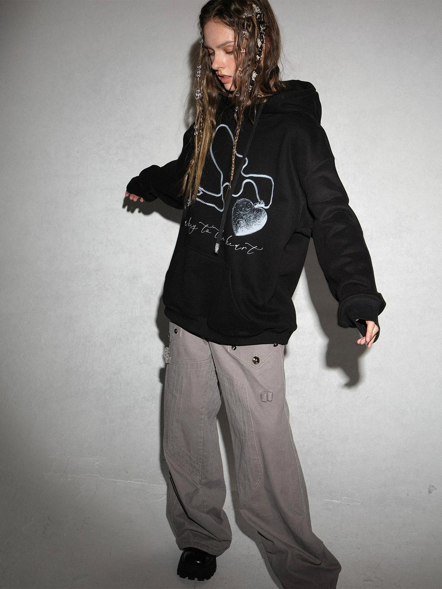 DoublePunch Fleece Lined Loose Street Letter Print Kangaroo Pocket Unisex Hoodies