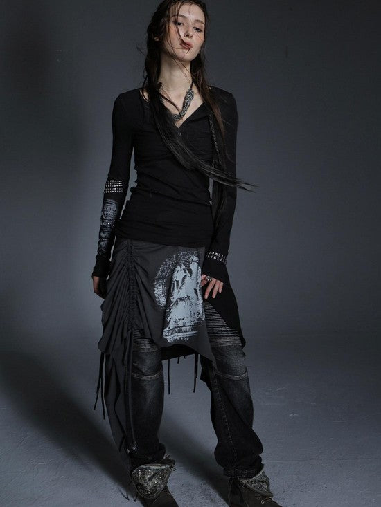 DoublePunch Fringe Printed Patchwork Wrap Asymmetric Women&
