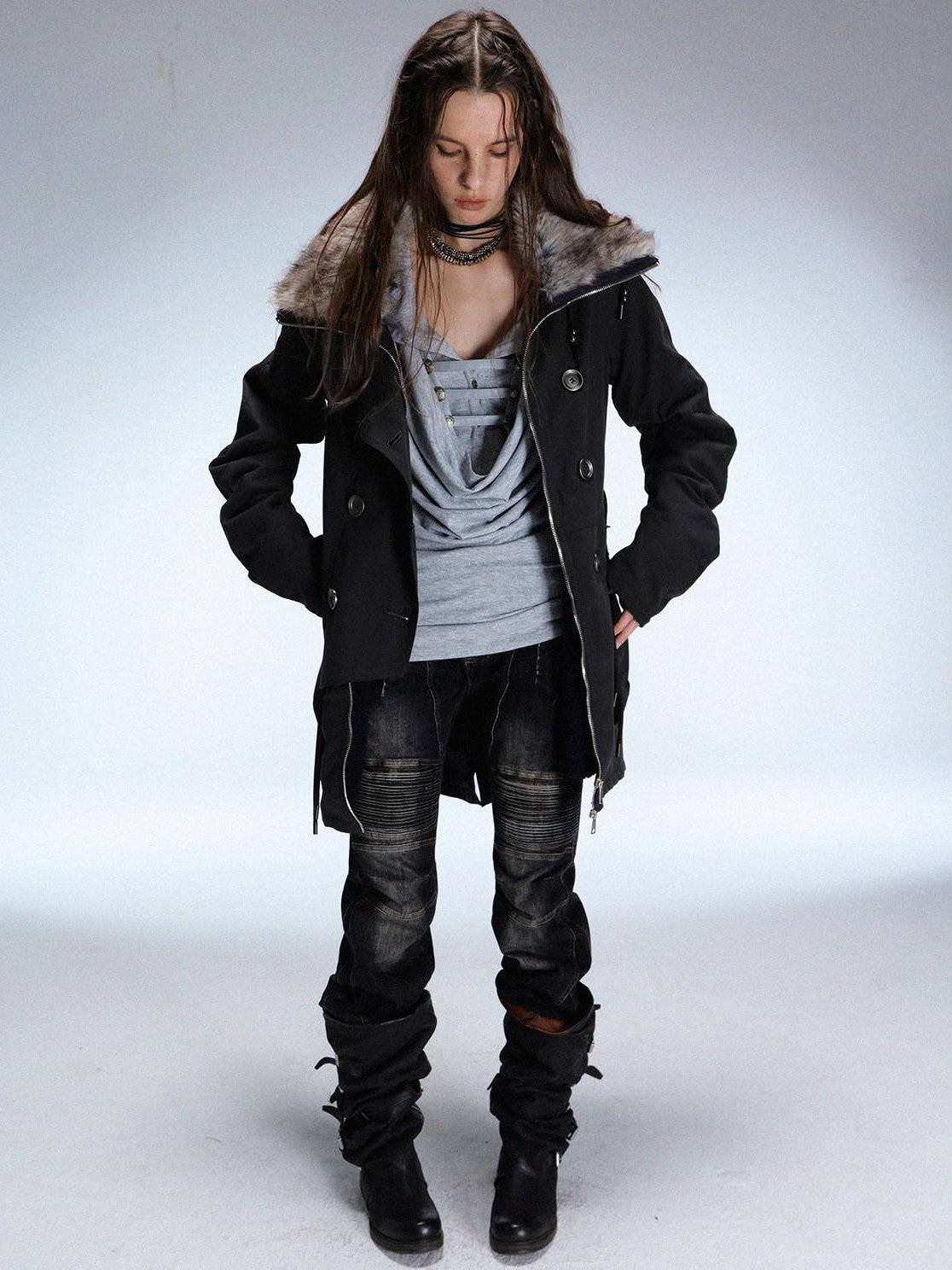 DoublePunch Fur Collar Double Breasted Fleece Lined Oversized Women&