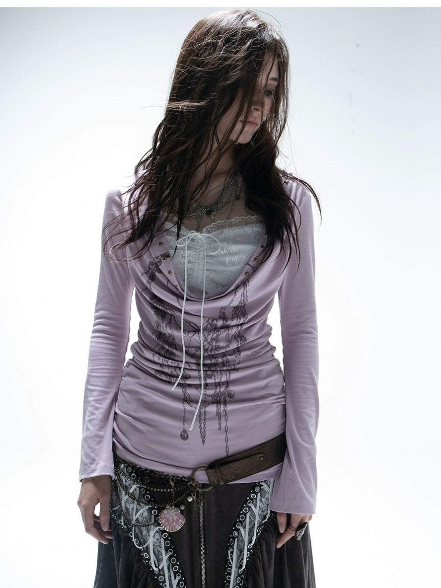 DoublePunch Hand Painted Punk Lace Drawstring Slim Long Sleeve Women Cotton Blend T-Shirt