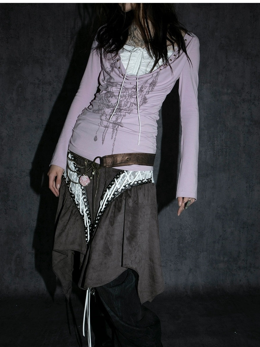 DoublePunch Hand Painted Punk Lace Drawstring Slim Long Sleeve Women Cotton Blend T-Shirt