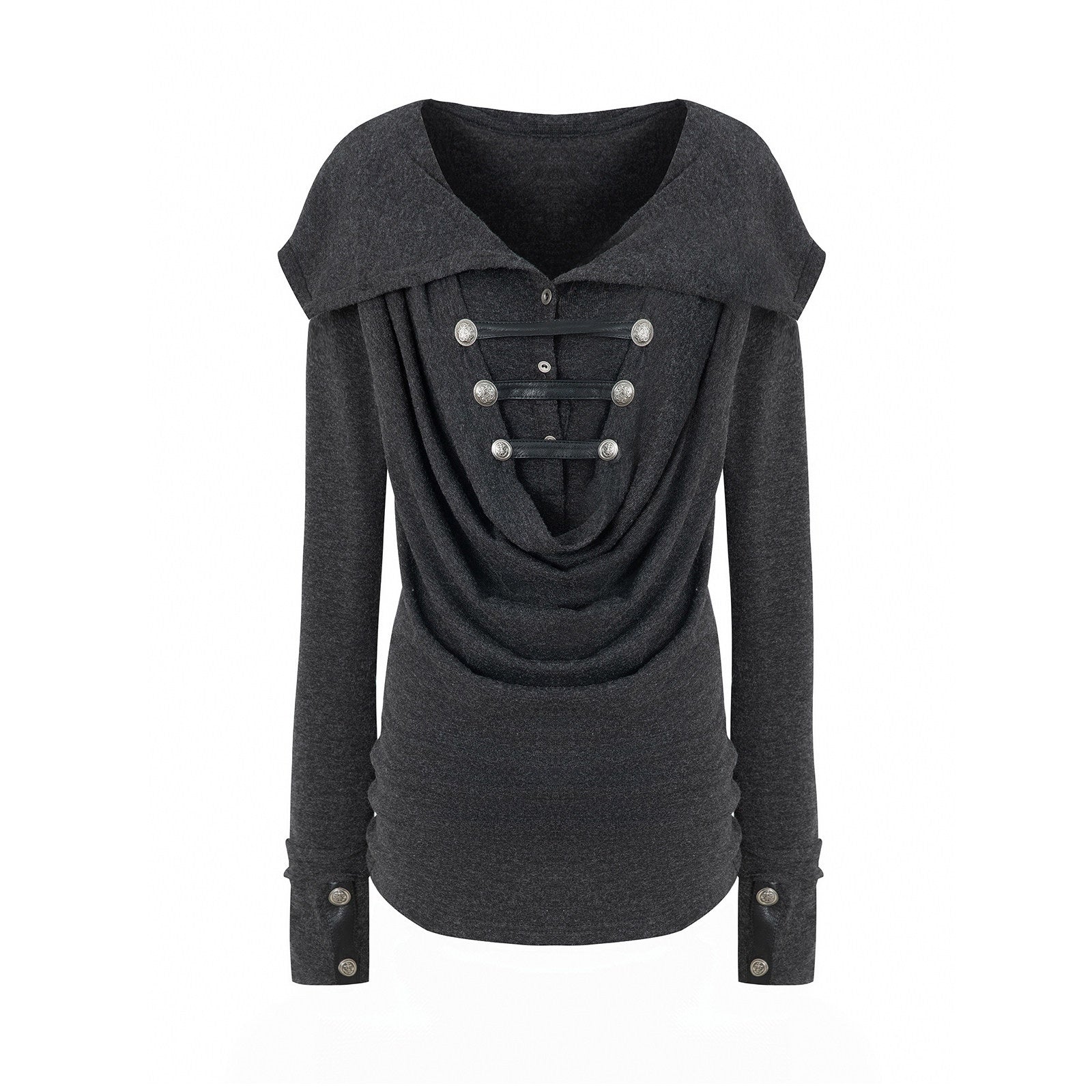 DoublePunch_Heather_Gray_Metal_Buckle_Hooded_Drape_Collar_Women&