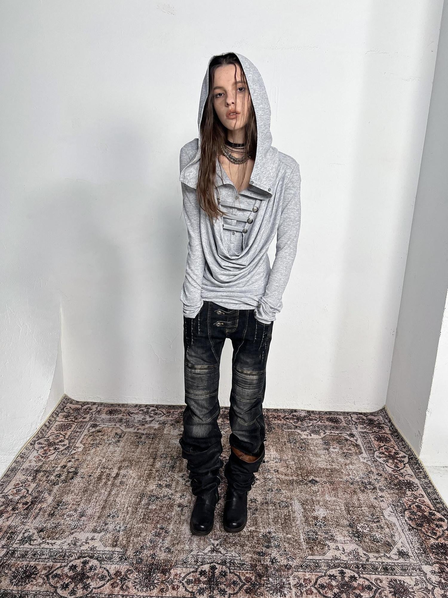 DoublePunch Heather Gray Metal Buckle Hooded Drape Collar Women&